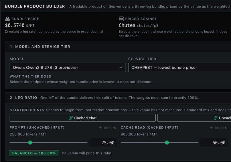 The bundle builder, showing a split across prompt, cache and output-token legs with a reference value beneath it.