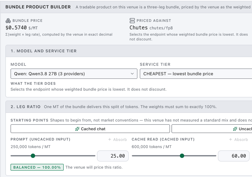 The bundle builder, showing a split across prompt, cache and output-token legs with a reference value beneath it.